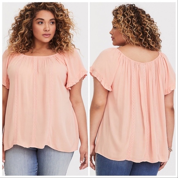 Torrid Peach Crochet Lace Peasant Blouse, 0X. - Picture 2 of 8